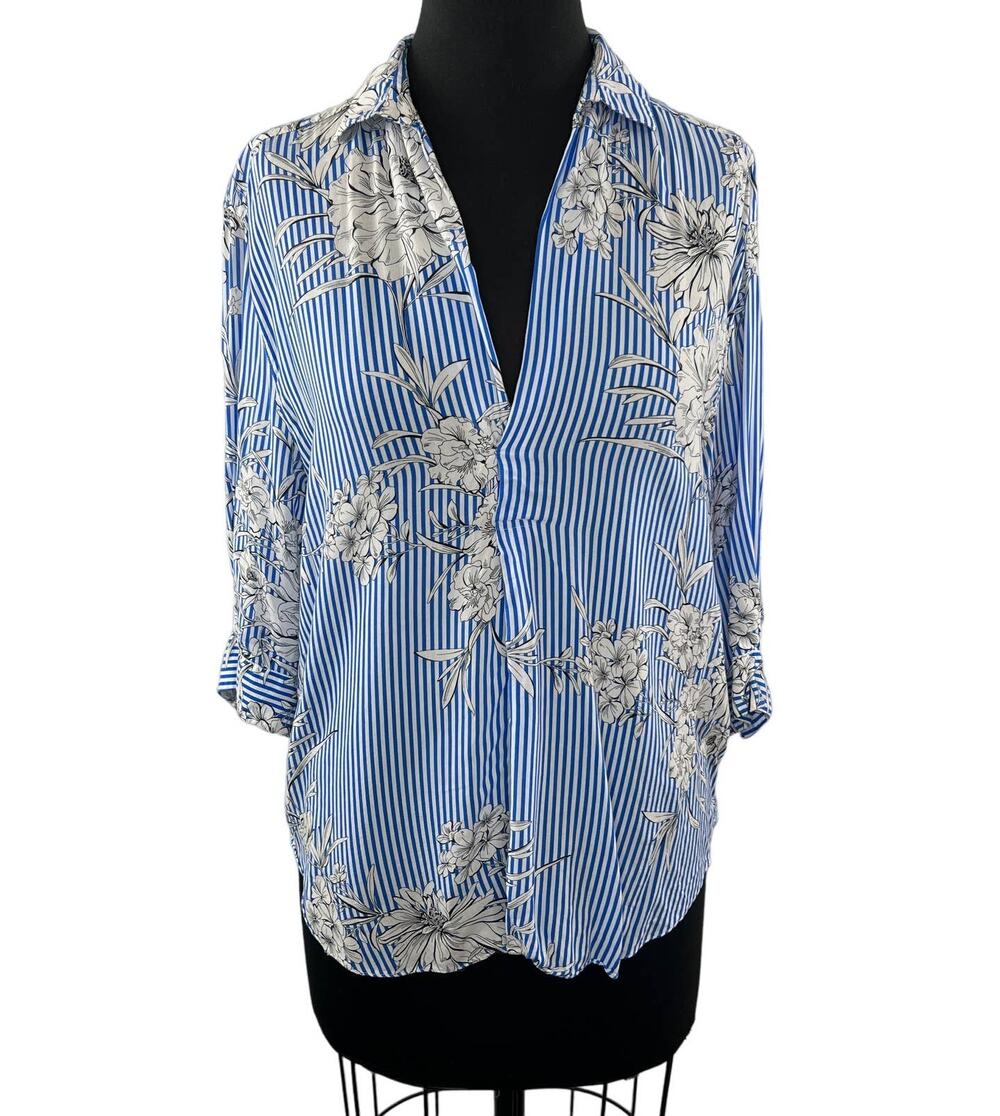 ZARA Blue White S Blouse Striped Floral 3/4 Sleeve Button Up Collar Regular Fit